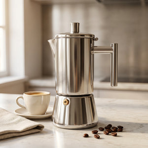 Cafeteira italiana inox Amalfi em bancada clara com xicara de cafe