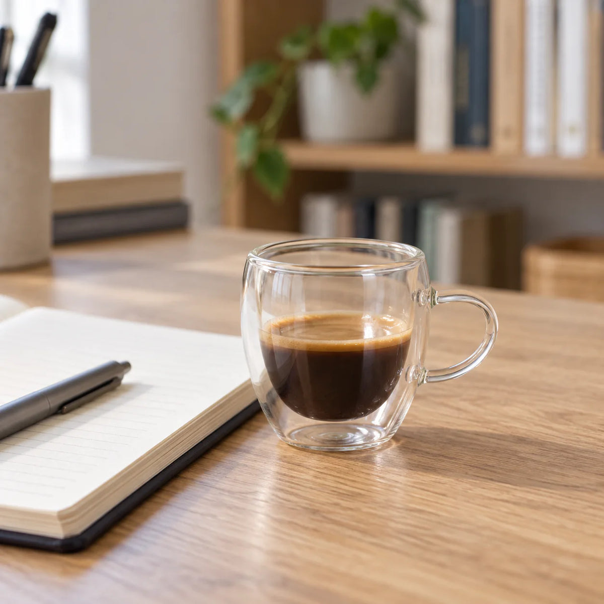 Xícara transparente de parede dupla com alça e café ao lado de caderno na mesa de trabalho
