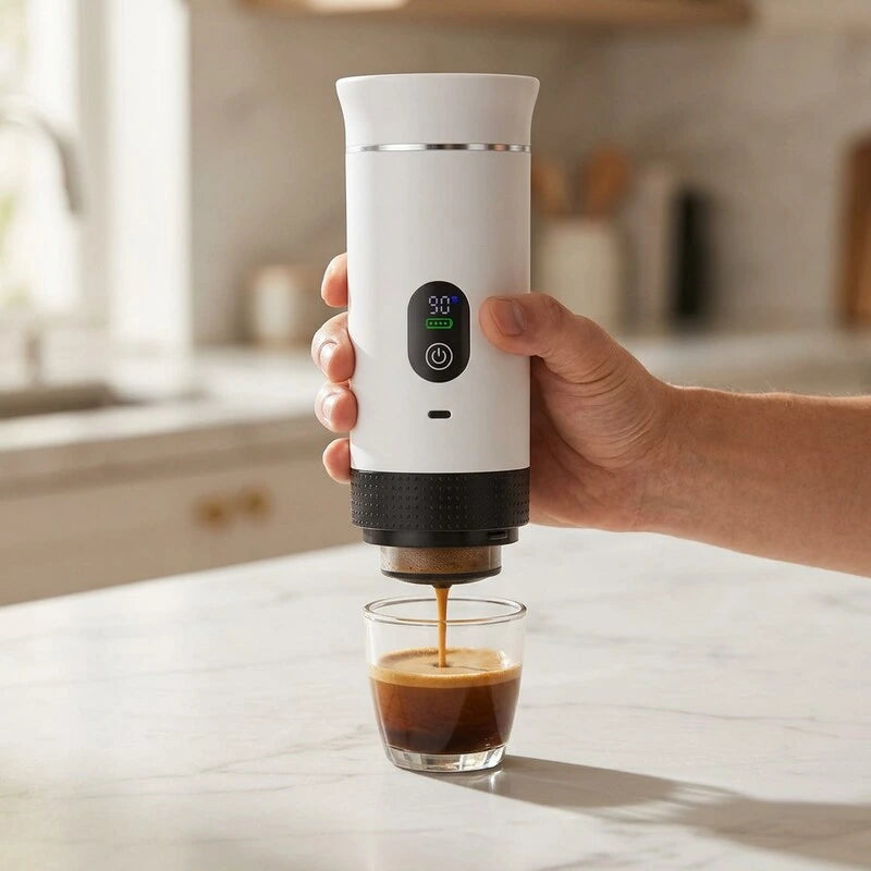 Cafeteira portatil branca preparando espresso com copo removido