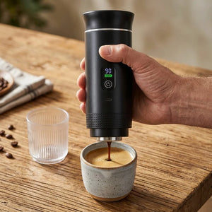 Cafeteira portatil preta com visor servindo espresso em xicara com copo inferior removido