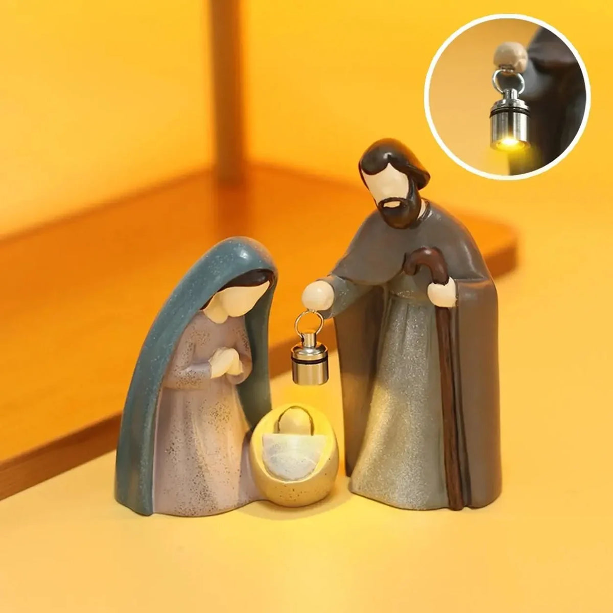 Lanterna LED acesa no Presépio de Natal Iluminado em resina