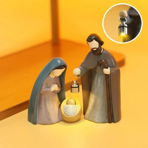 Lanterna LED acesa no Presépio de Natal Iluminado em resina