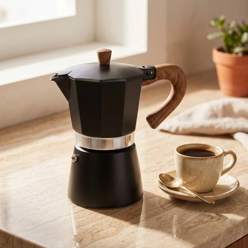 Cafeteira italiana Torino Preta com café moka pronto em xícara