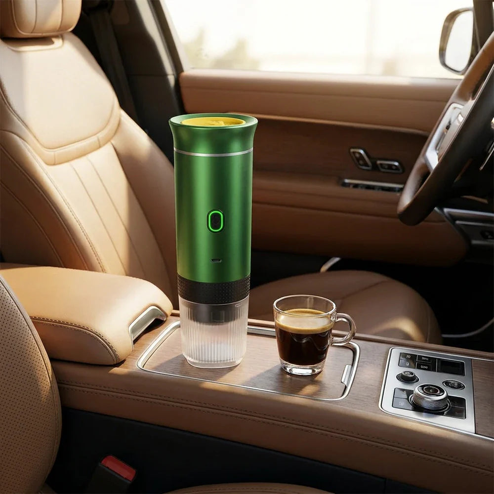 Cafeteira portatil verde em cenario de carro e viagem sem cabo conectado