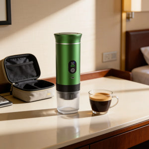 Cafeteira portátil verde com visor em cenário de viagem e hotel