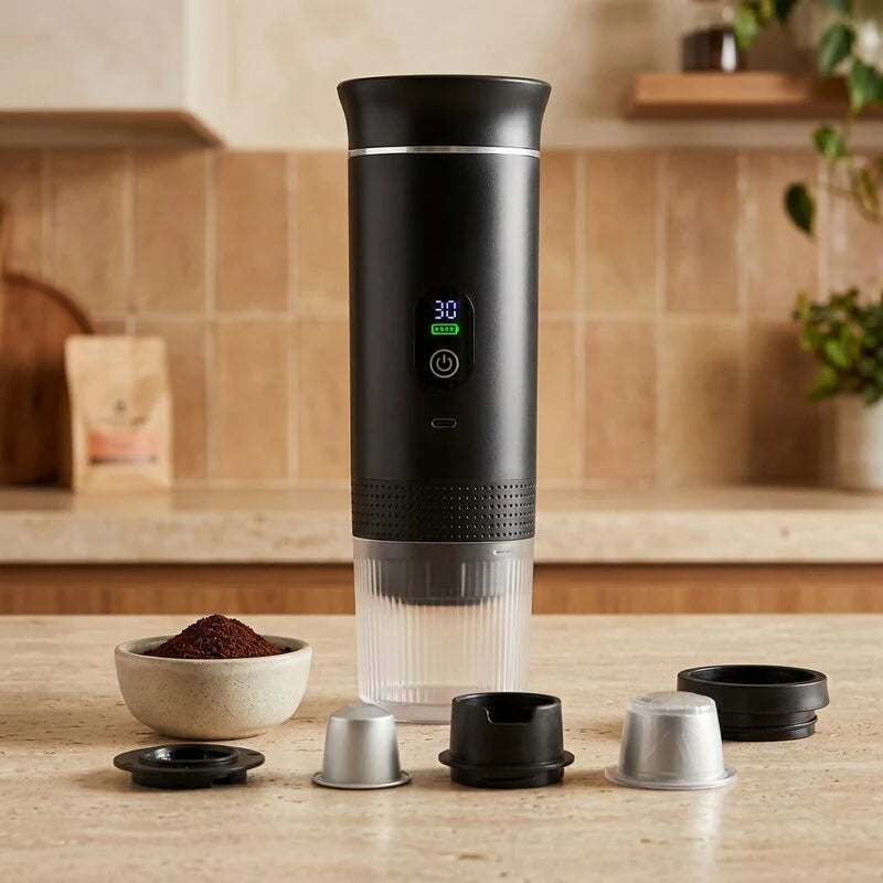 Cafeteira portatil 3 em 1 preta com visor com cafe moido e adaptadores de capsulas