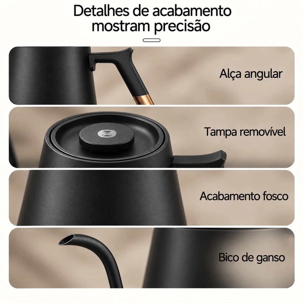 Detalhes do acabamento preto fosco da chaleira Timemore Fish