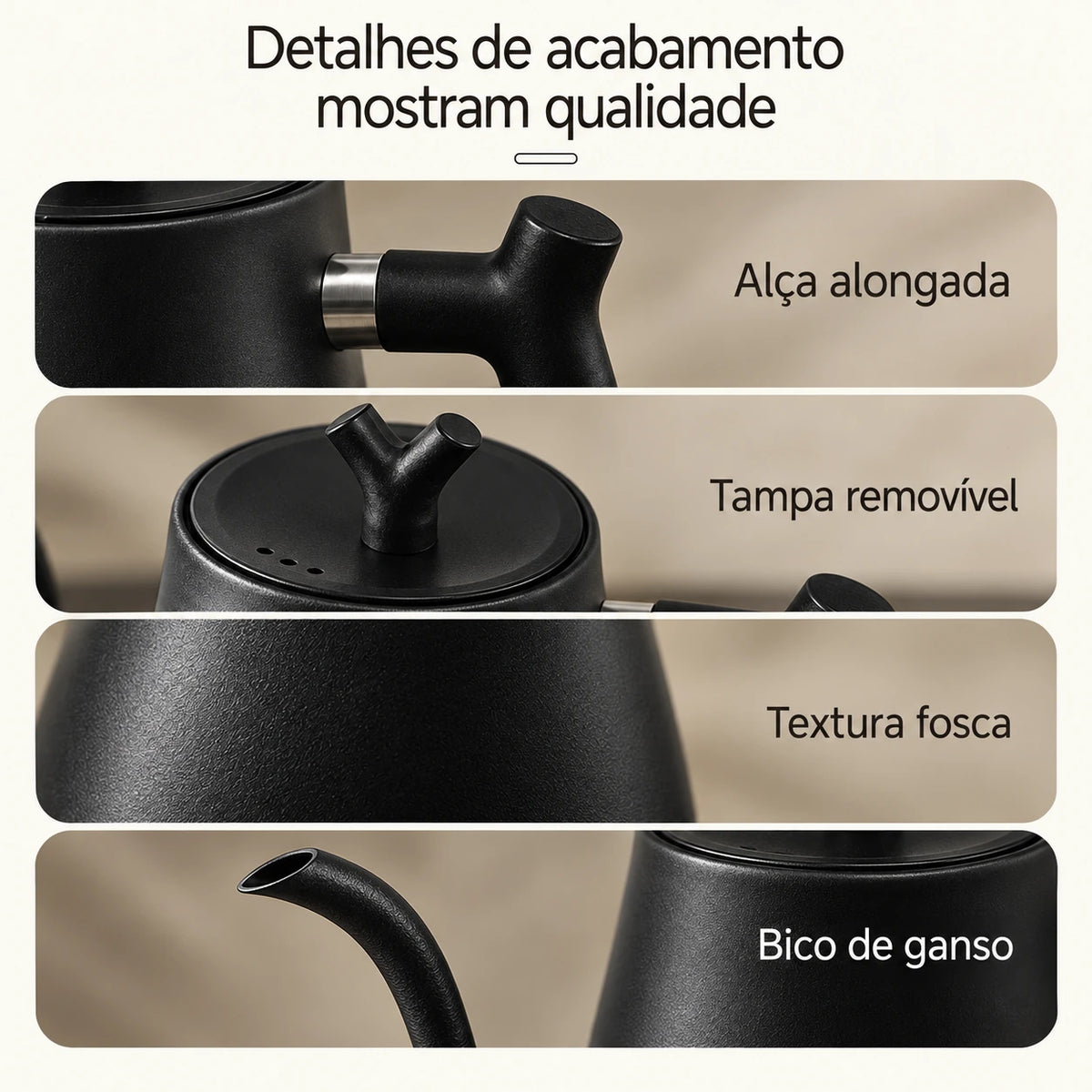 Detalhes do acabamento preto fosco da chaleira elétrica Veneza
