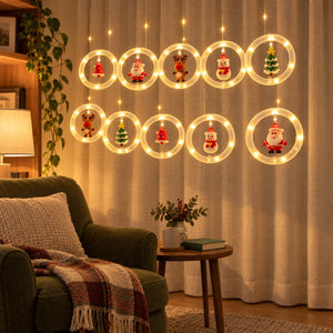 Cortina de luzes de Natal em canto de leitura com 10 pendentes