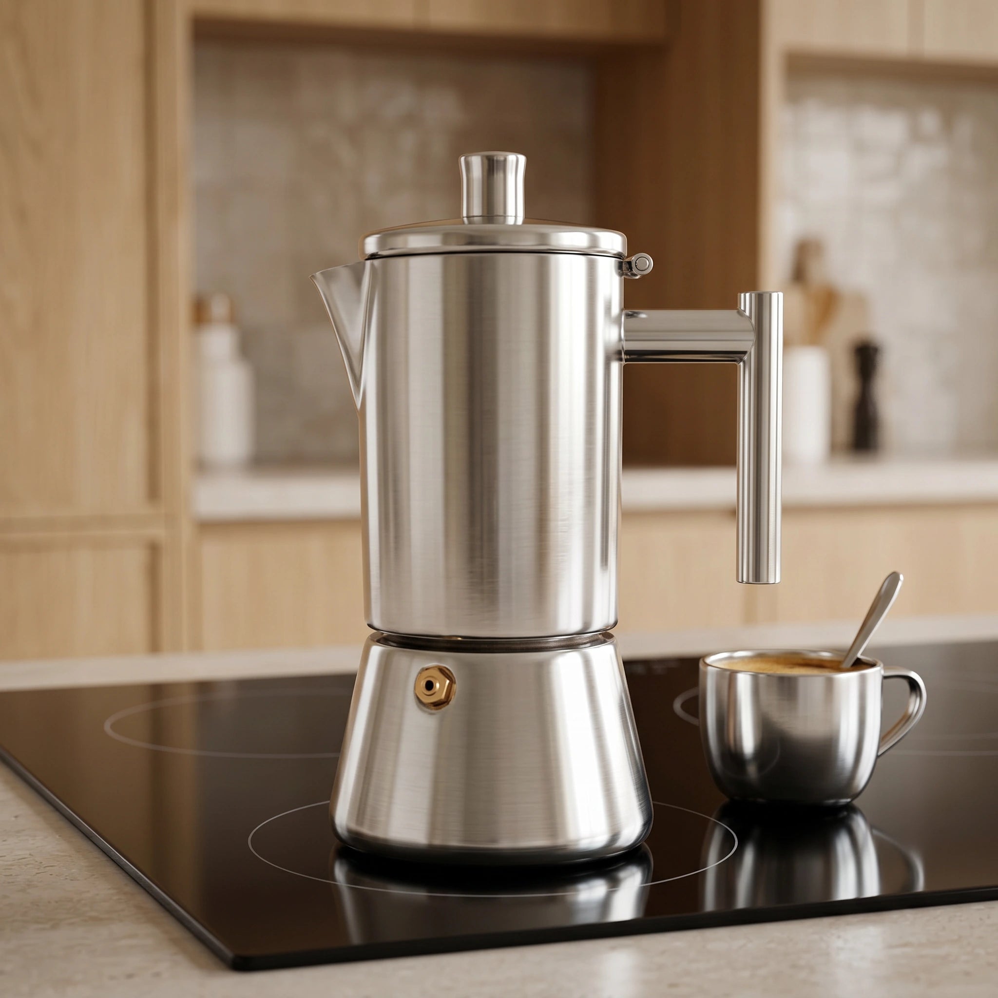 Cafeteira italiana Amalfi em aco inox sobre cooktop de inducao