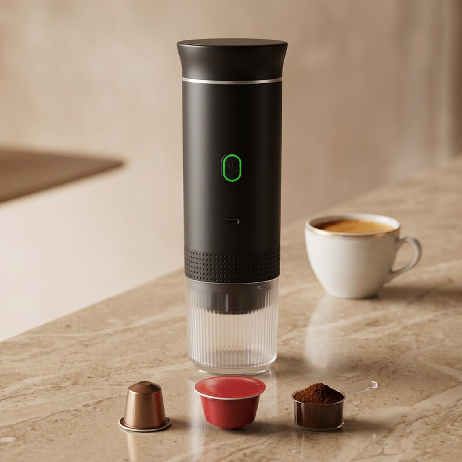 Cafeteira portatil Lumi Homi compativel com cafe moido e capsulas pequenas e grandes