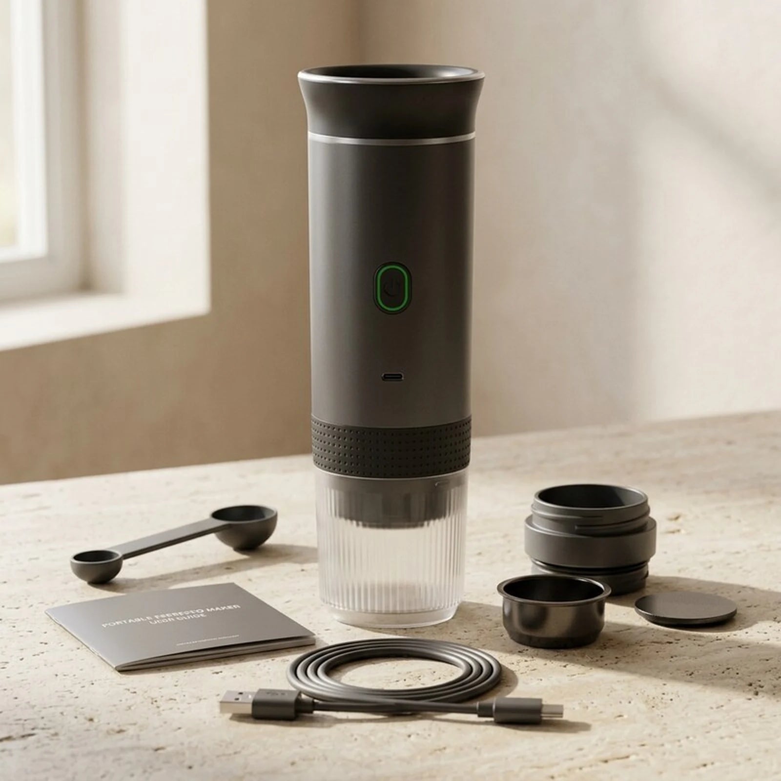 Cafeteira portatil cinza com cabo USB-C e acessorios apoiados