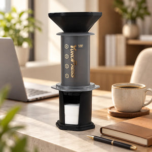 Aeropress Cafeteira YuroPress Cinza ao lado de notebook, caderno e caneca de café