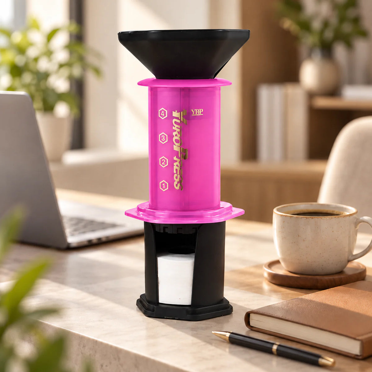 Aeropress Cafeteira YuroPress Rosa ao lado de notebook, caderno e caneca de café