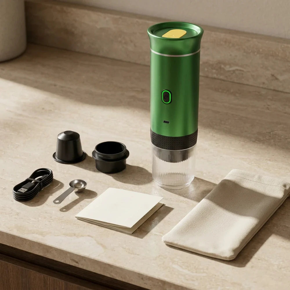 Itens inclusos da cafeteira portatil verde 3 em 1