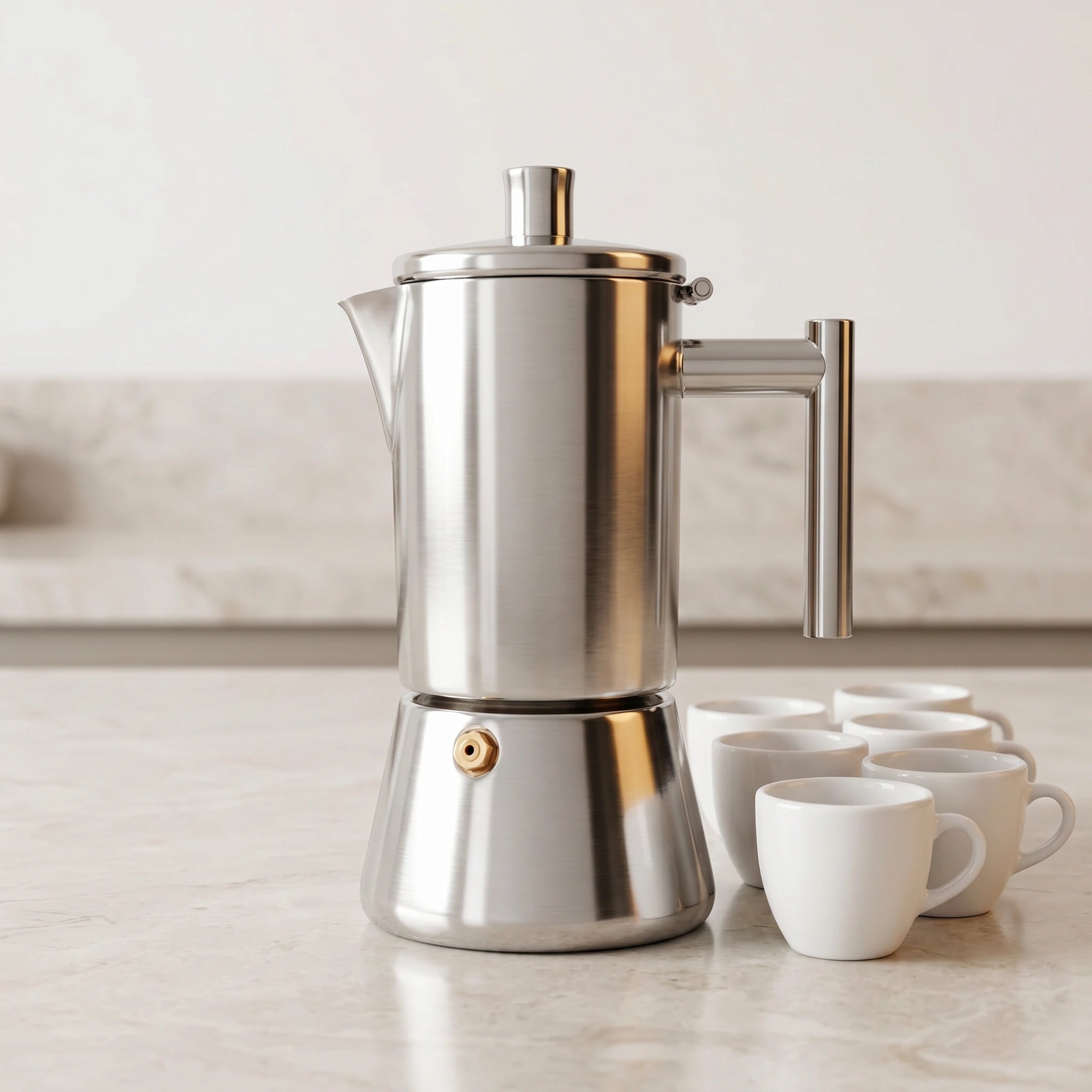 Cafeteira italiana Amalfi 300 ml ao lado de seis xicaras pequenas