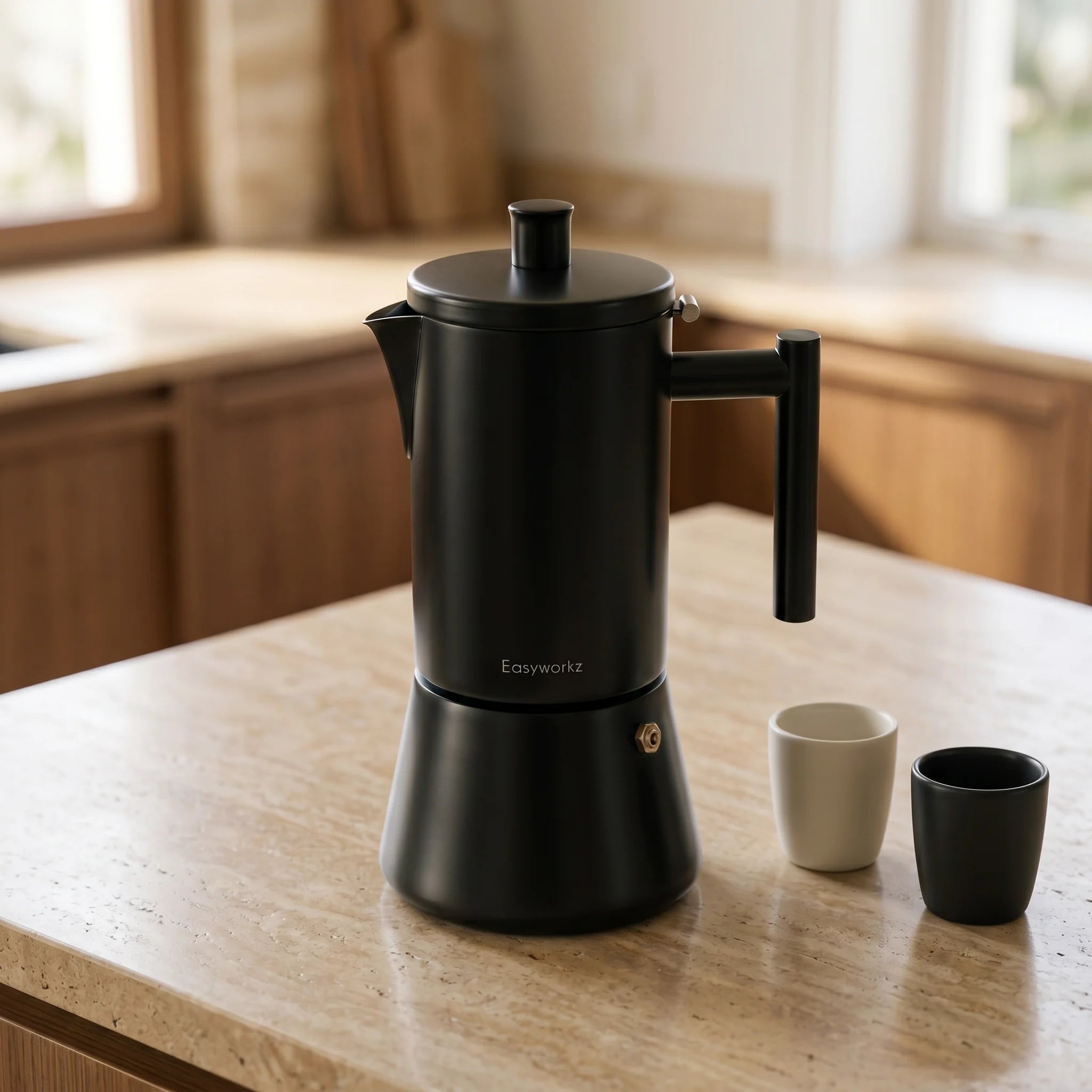 Cafeteira italiana Pisa 300 ml em escala com xicaras