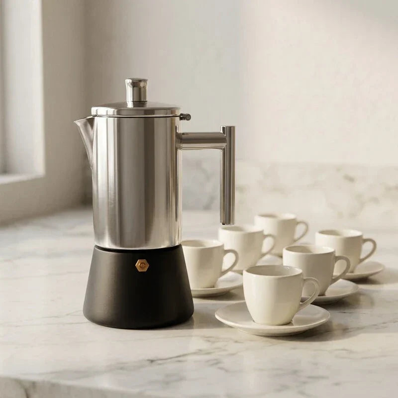 Cafeteira italiana Capri 300 ml com seis xicaras pequenas