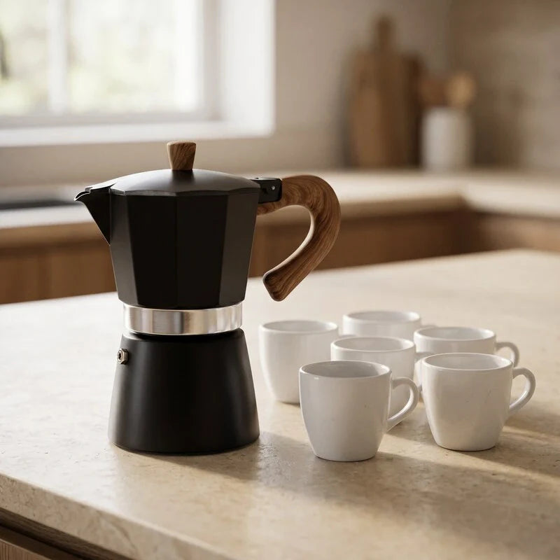 Cafeteira italiana Torino Preta 300 ml com seis xícaras pequenas