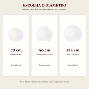 Guia de tamanhos da saia para árvore de Natal em 78, 90 e 122 cm