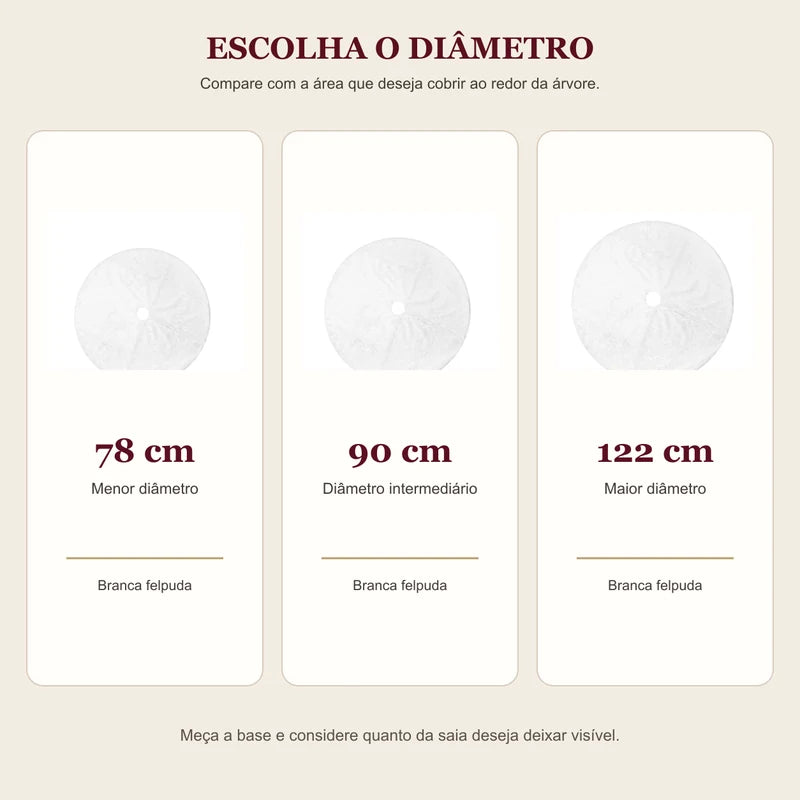 Guia de tamanhos da saia para árvore de Natal em 78, 90 e 122 cm