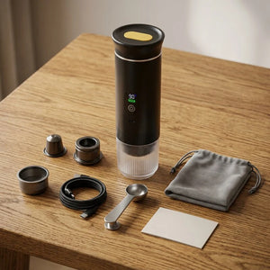 Itens inclusos da cafeteira portatil preta com visor com adaptadores cabo USB-C colher bolsa e manual