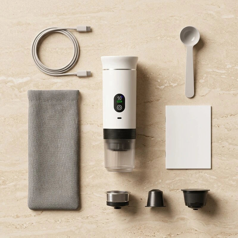 Itens inclusos da cafeteira portatil branca com visor