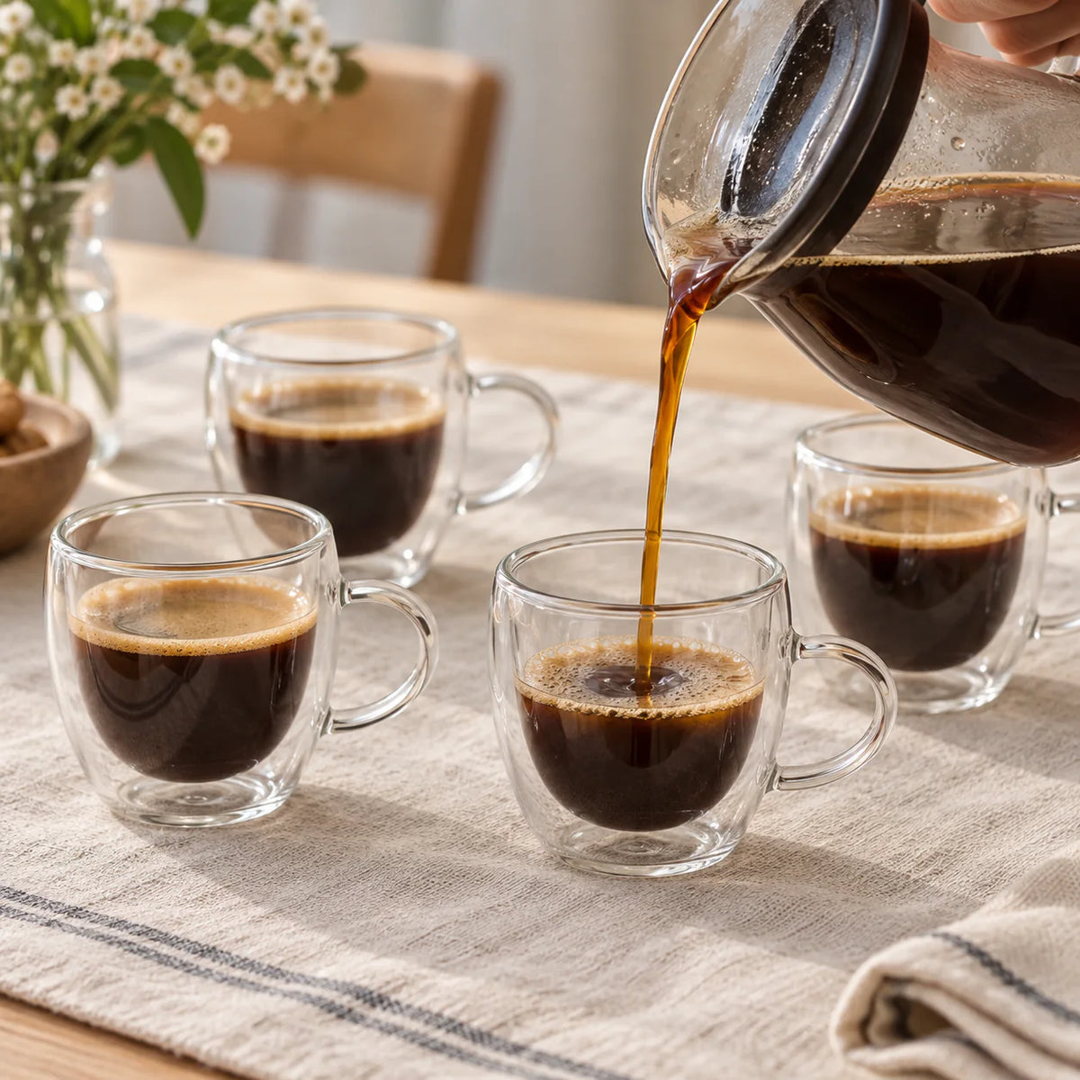 Café sendo servido em uma das quatro xícaras de vidro transparente com alça à mesa
