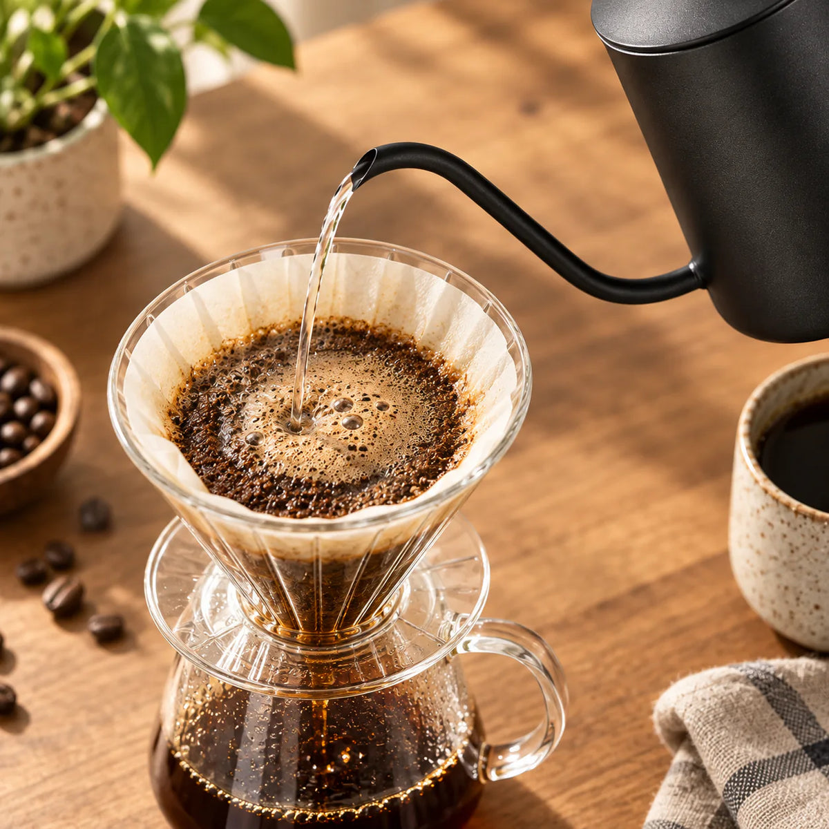 Bico da Chaleira Berna direcionando água sobre o café coado