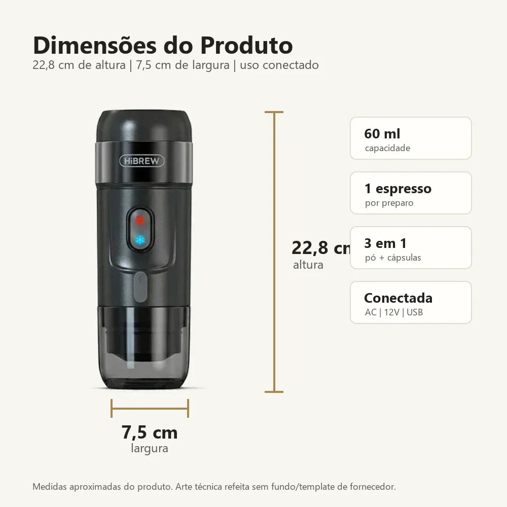 Dimensoes da cafeteira portatil HiBREW com uso conectado