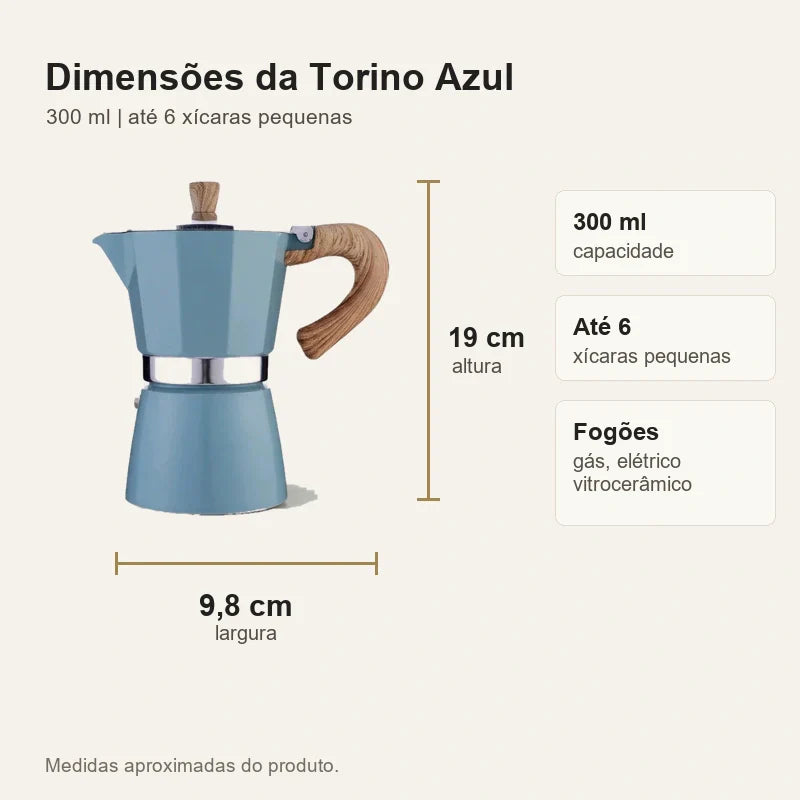 Dimensões da cafeteira italiana Torino Azul 300 ml