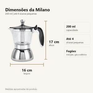 Dimensoes da cafeteira italiana Milano 17 cm por 16 cm e capacidade 200 ml