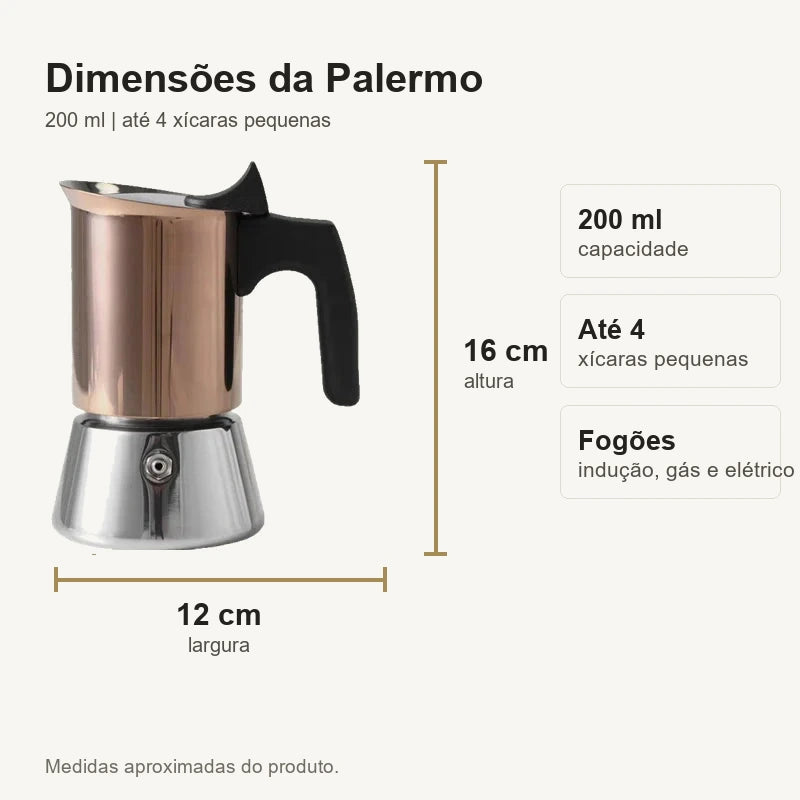 Dimensoes da cafeteira italiana Palermo 16 cm por 12 cm e capacidade 200 ml