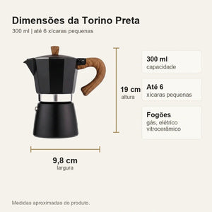 Dimensões da cafeteira italiana Torino Preta 19 cm por 9,8 cm