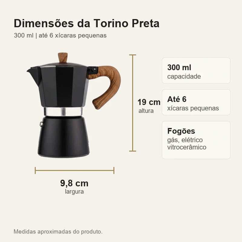 Dimensões da cafeteira italiana Torino Preta 19 cm por 9,8 cm
