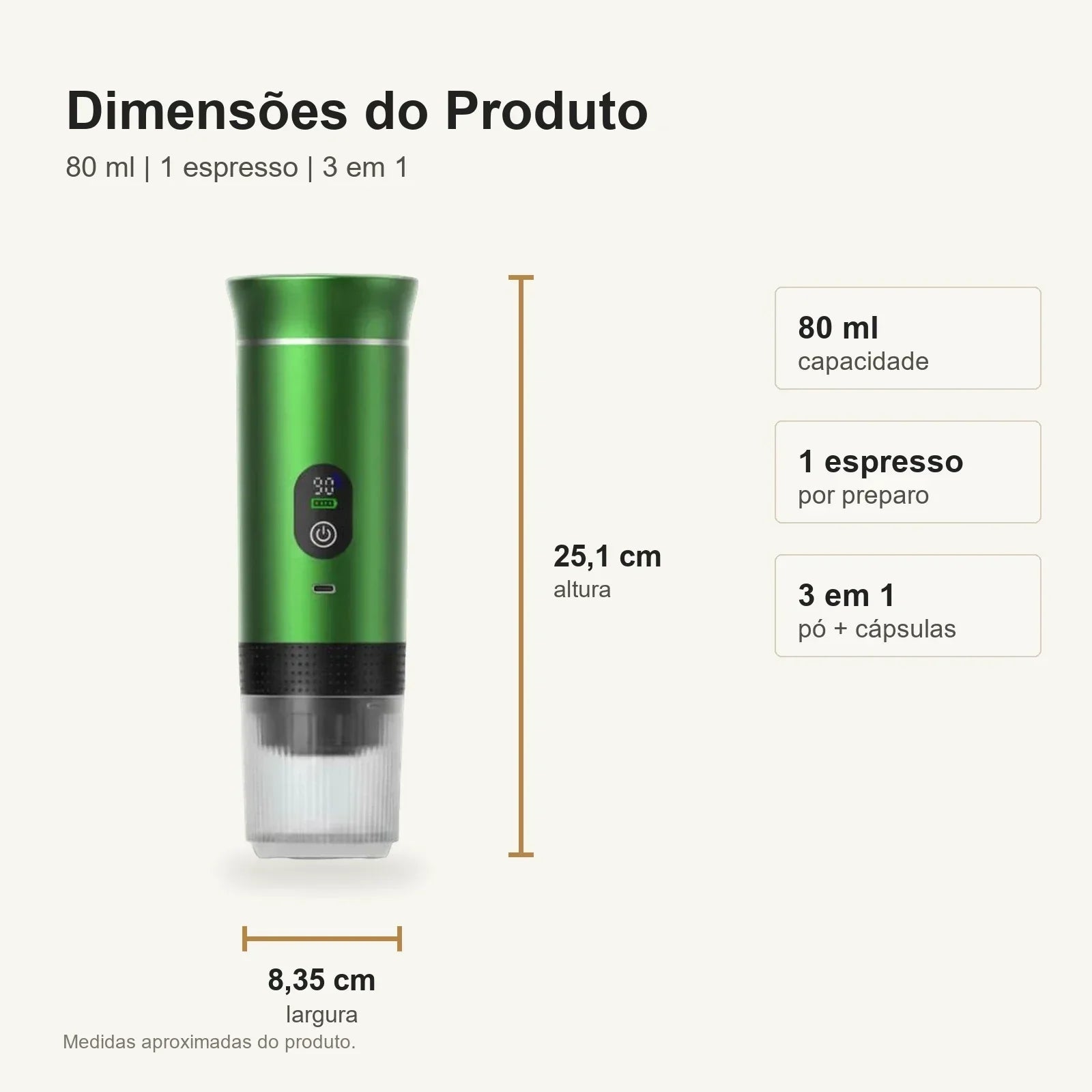 Dimensões da cafeteira portátil verde com visor 80 ml