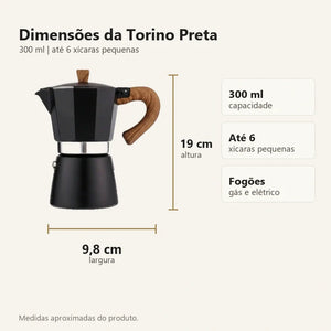 Dimensões da cafeteira italiana Torino Preta 19 cm por 9,8 cm