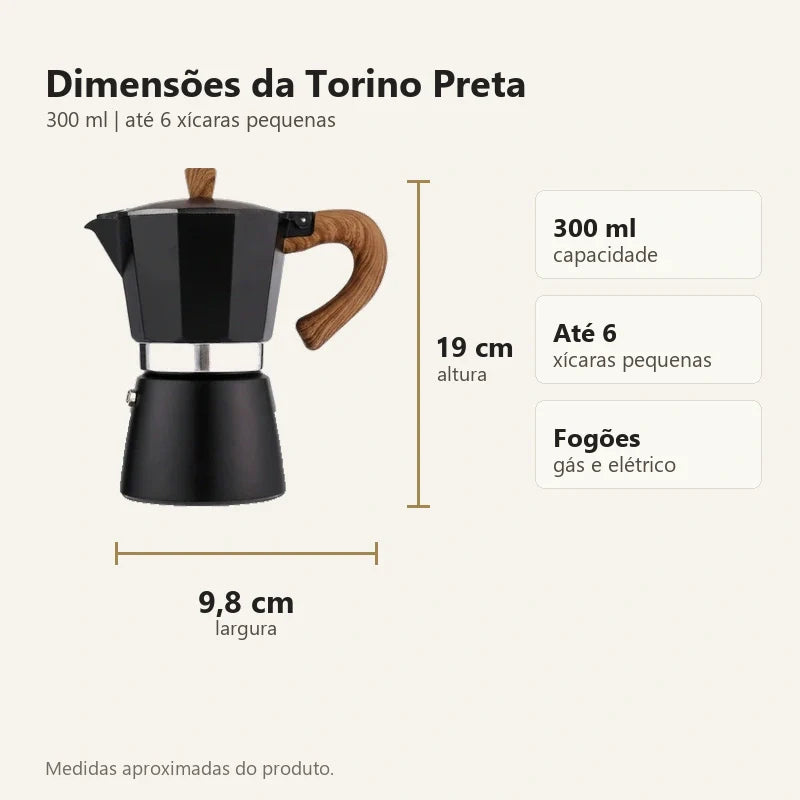 Dimensões da cafeteira italiana Torino Preta 19 cm por 9,8 cm