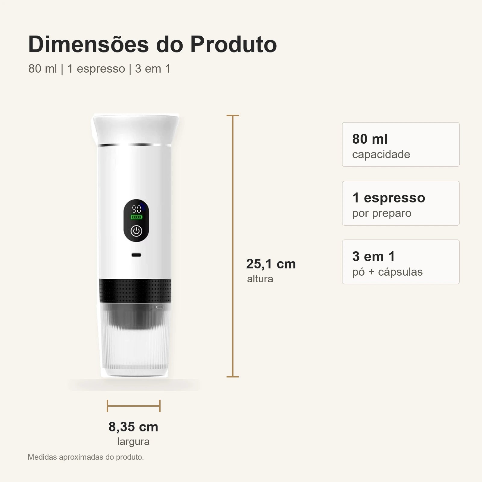 Dimensoes e capacidade da cafeteira portatil branca com visor