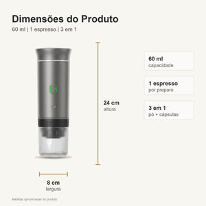 Dimensoes da cafeteira portatil cinza 60 ml 24 cm por 8 cm