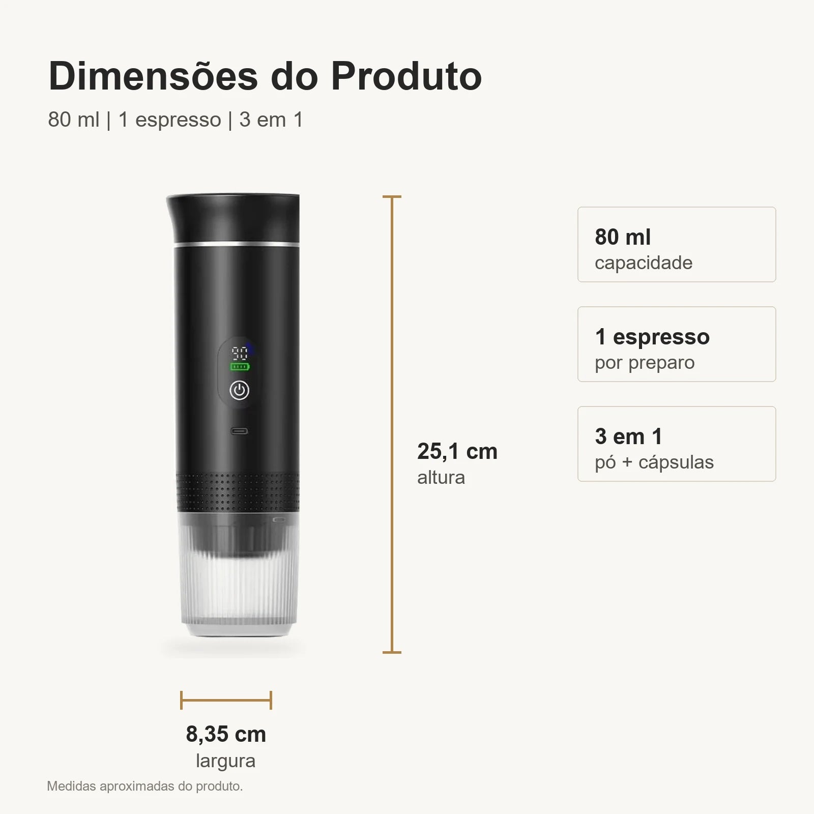 Dimensoes da cafeteira portatil preta com visor com 80 ml 25,1 cm e 8,35 cm