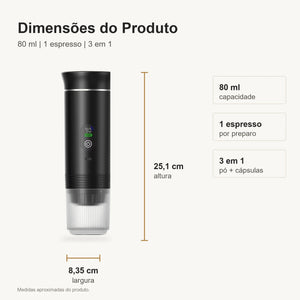 Dimensoes da cafeteira portatil preta com visor com 80 ml 25,1 cm e 8,35 cm