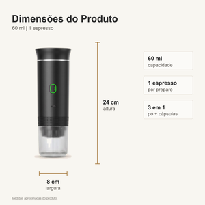 Medidas e capacidade da cafeteira portatil 3 em 1 preta Lumi Homi