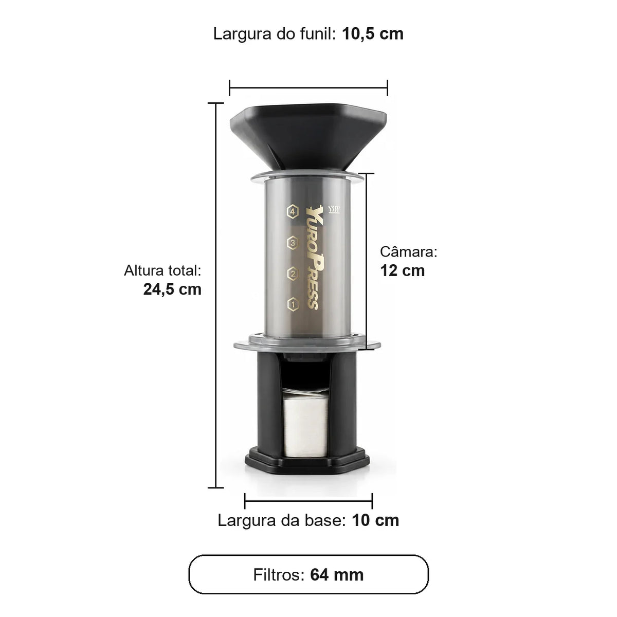 Medidas da Aeropress Cafeteira YuroPress Cinza
