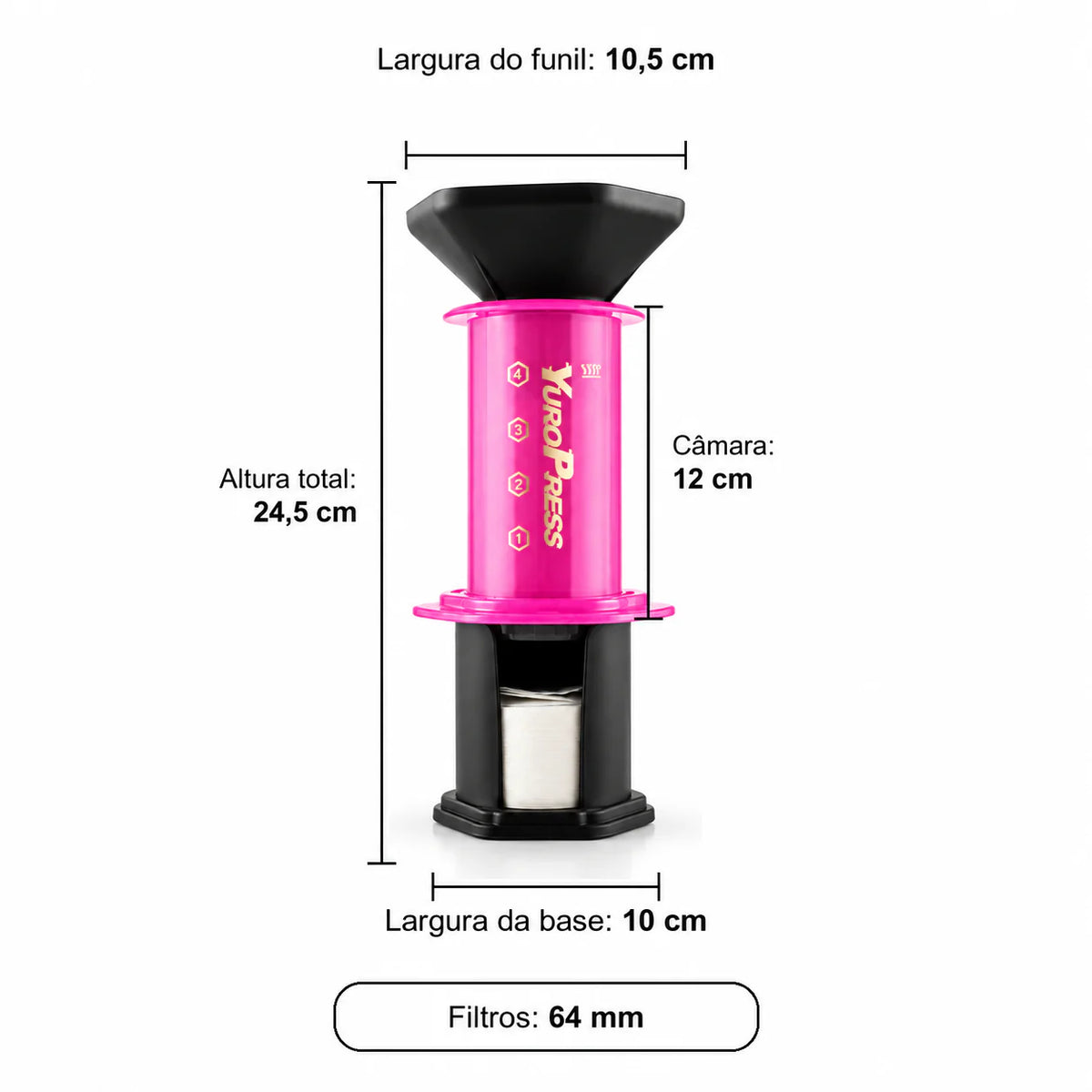 Medidas da Aeropress Cafeteira YuroPress Rosa: altura 24,5 cm, funil 10,5 cm, base 10 cm, câmara 12 cm e filtros 64 mm
