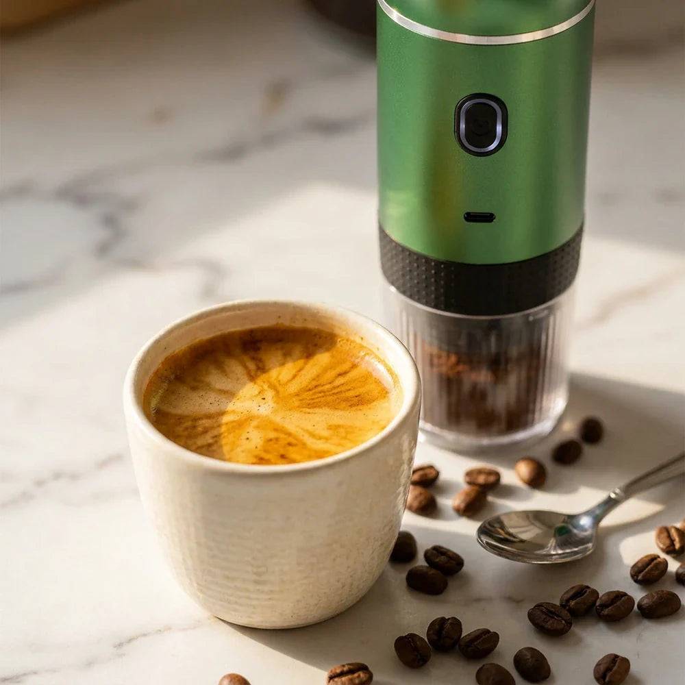 Espresso com crema preparado na cafeteira portatil verde