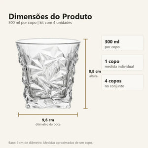 Medidas de um copo Diamond Lumi Homi 300 ml e kit com 4 unidades