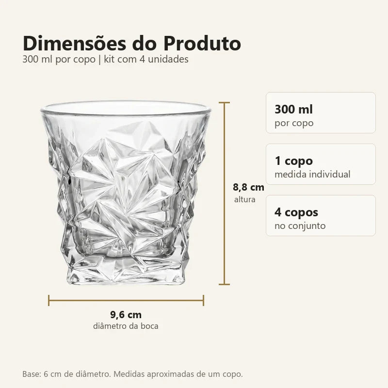 Medidas de um copo Diamond Lumi Homi 300 ml e kit com 4 unidades