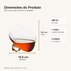 Medidas de um copo de whisky cristal Lumi Homi e kit com 4 unidades