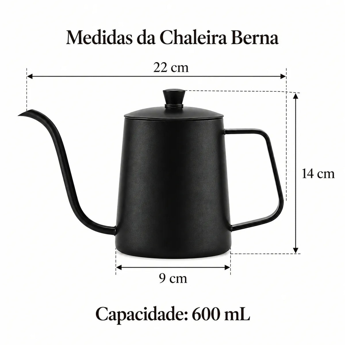 Medidas da Chaleira Berna: 22 cm de largura total, 9 cm de diâmetro, 14 cm de altura e 600 mL